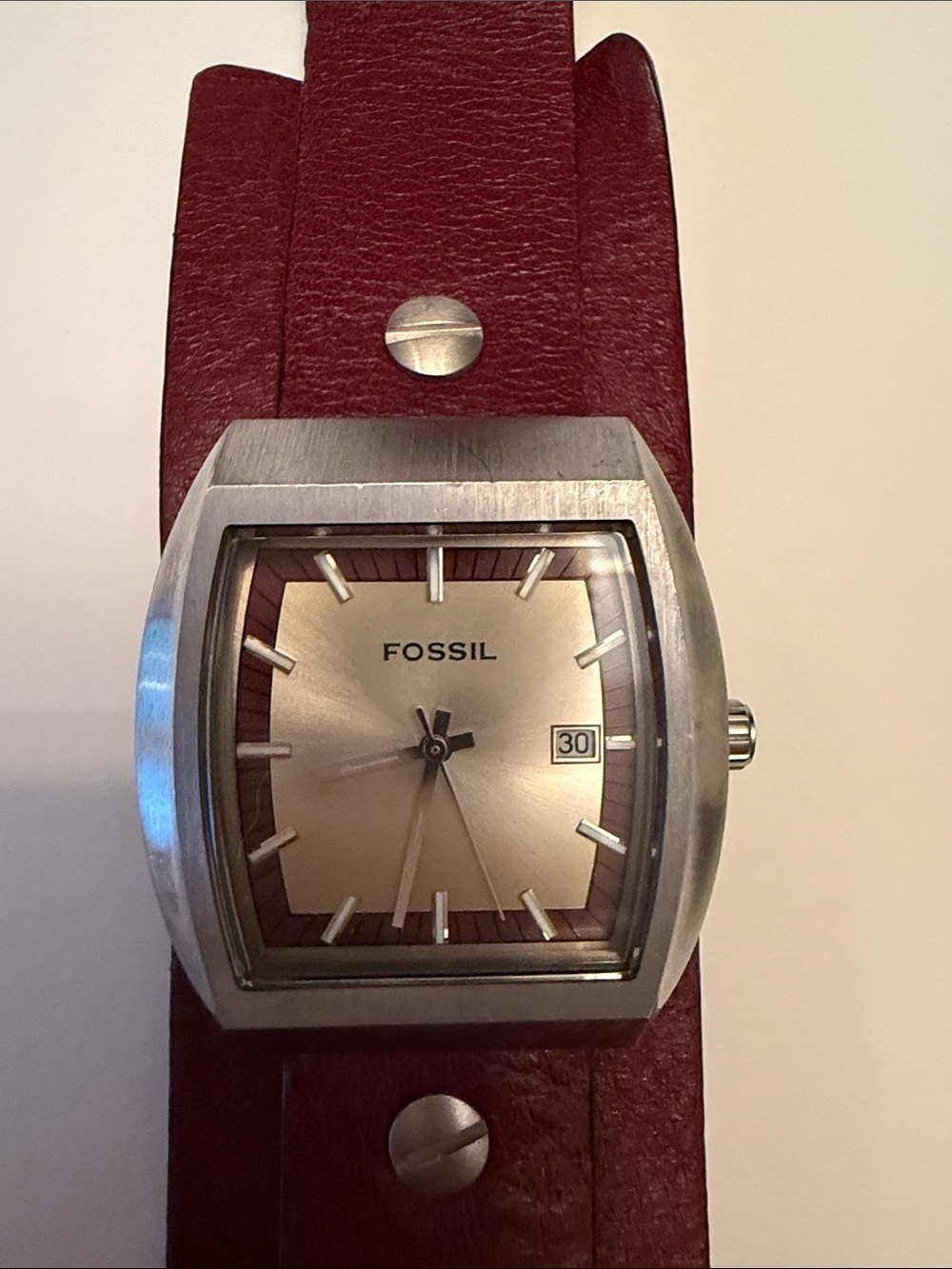 Fossil Brown Leather Wide Cuff Watch with Silver Case - Picture 2 of 4